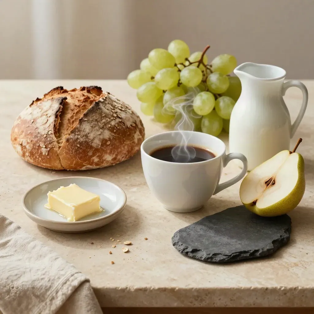Desayuno de hotel con pan rústico, café humeante, fruta y leche sobre mesa clara.
