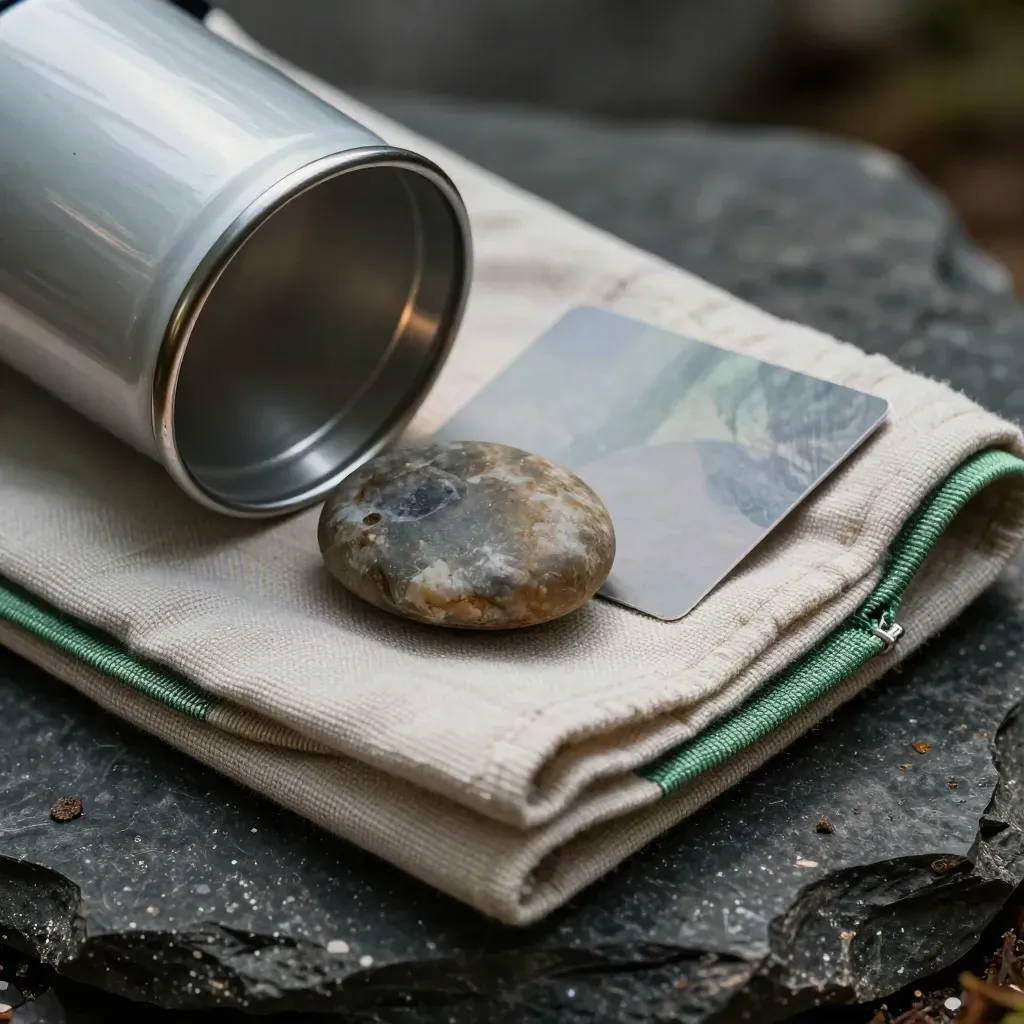 Kit de sendero con cantimplora esmaltada, piedra lisa y tela plegada sobre base mineral.