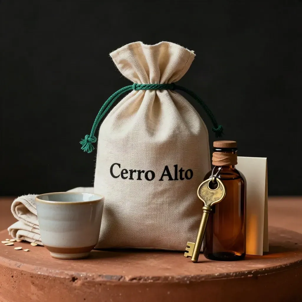 Pack regalo con bolsa de lino, llave, taza y botella sobre fondo oscuro.