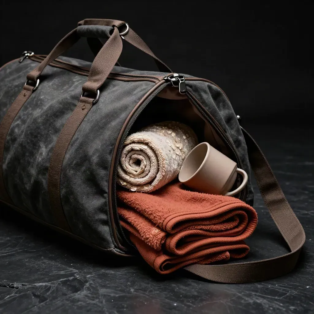 Bolsa de lona con toalla, taza vacía y tela sobre suelo negro, con bruma tenue.