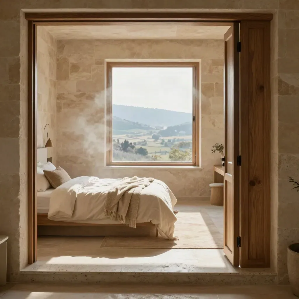 Suite boutique de piedra y madera con cama impecable y ventana abierta al valle