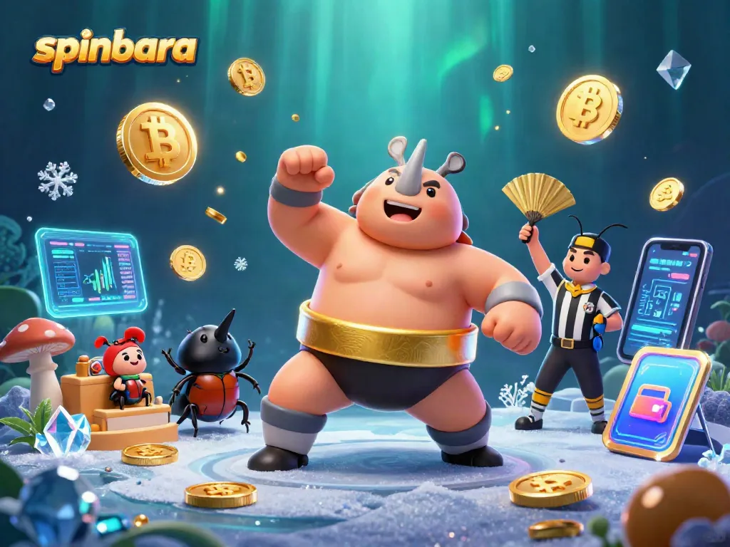 Experience thrilling spins at spinbara as beetle champions stomp coins amidst neon blockchain vibes.